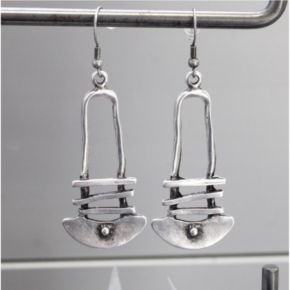 New Native Tribal Handmade Sterling Silver Antique Style Geo Dangle Earrings - Picture 10 of 16